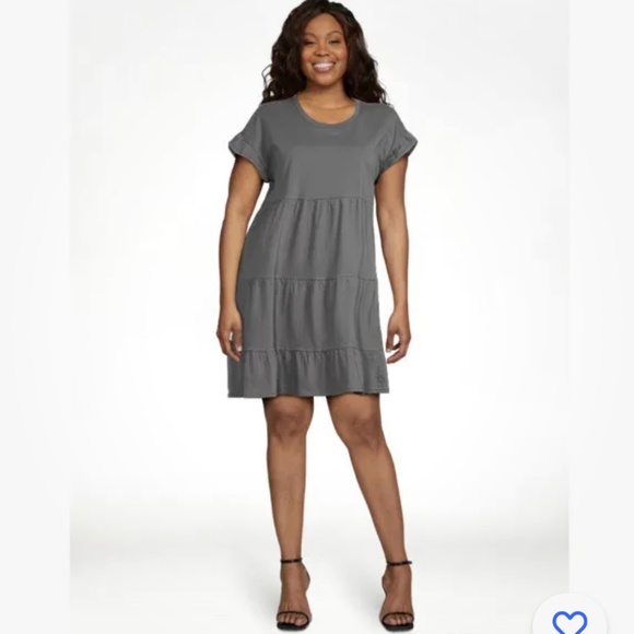 Time and Tru Gray Flutter Sleeve Knit Tiered Dress Size Large (12-14) NEW - Picture 3 of 9